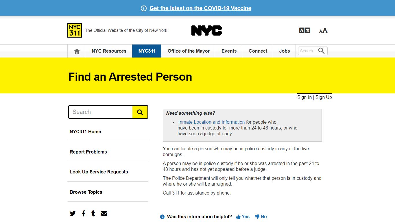 Find an Arrested Person · NYC311 - New York City